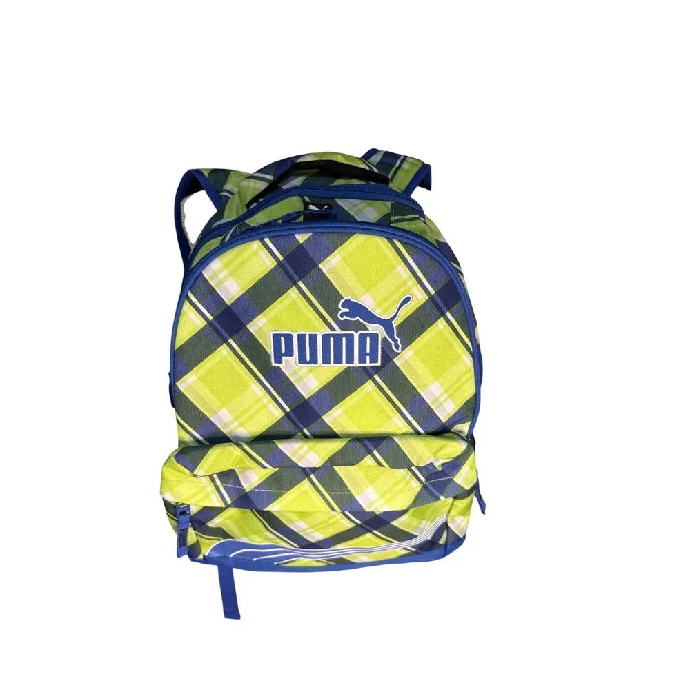 Puma Backpack Lime Green Navy Blue Plaid Sport School OSFA Pad Straps Like New